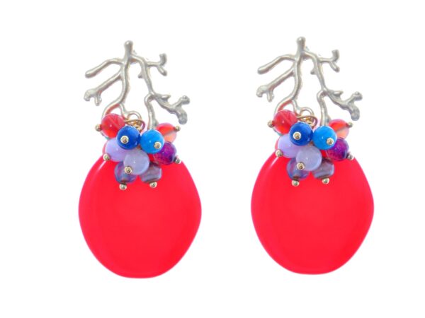 Pendientes rojos con bolas de piedra Ágata en multicolor y cabezal de coral
