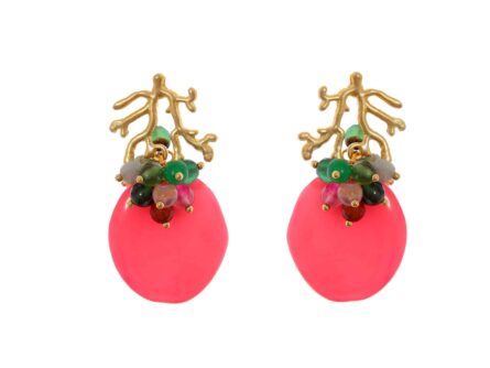 Pendientes corales con bolas de piedra Ágata en multicolor y cabezal de coral - Imagen 1