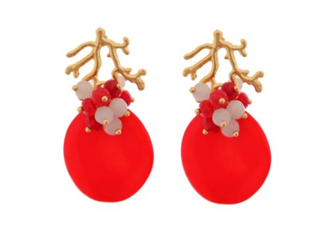 Pendientes rojos con bolas de piedra Ágata en tonos rojos y blancos y cabezal de coral - Imagen 1