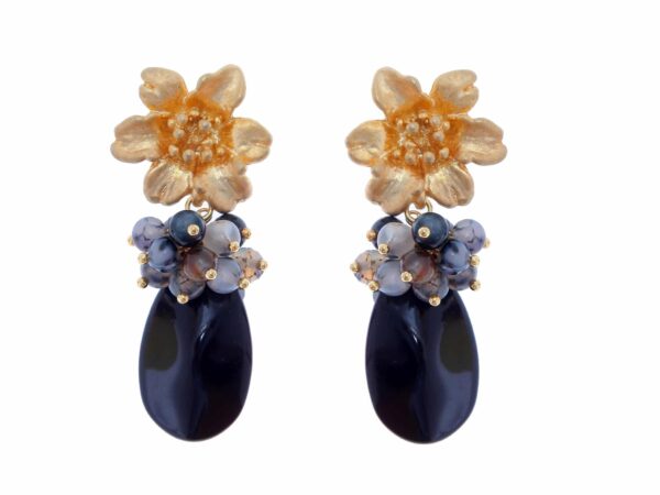 Pendientes negros con cabezal de flor y bolas de piedra Ágata en blanco y negro