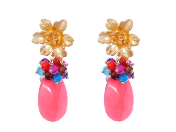 Pendientes rosas con cabezal de flor y bolas de piedra Ágata en multicolor