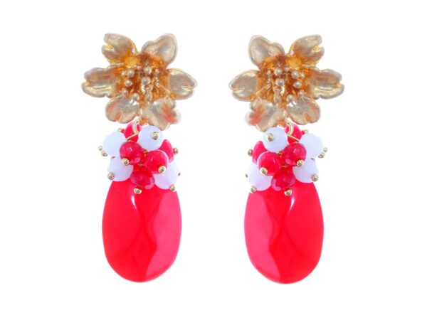 Pendientes rojos con cabezal de flor y bolas de piedra Ágata en rojo y blanco