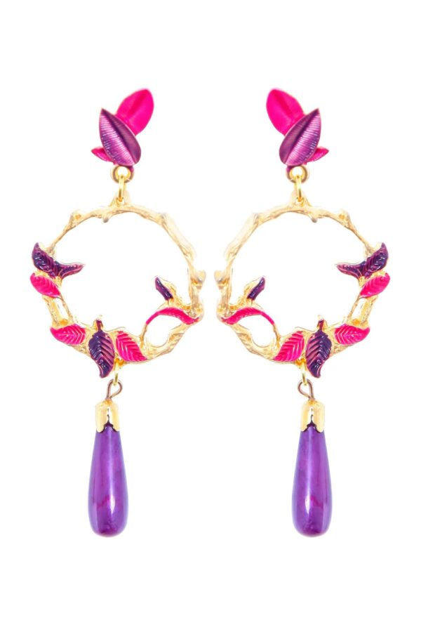 Pendientes de hojas esmaltados en morado y rosa