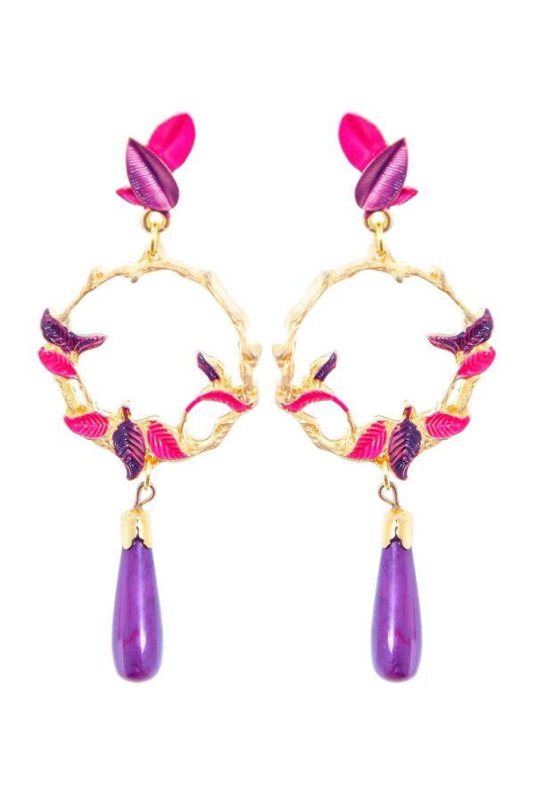 Pendientes de hojas esmaltados en morado y rosa
