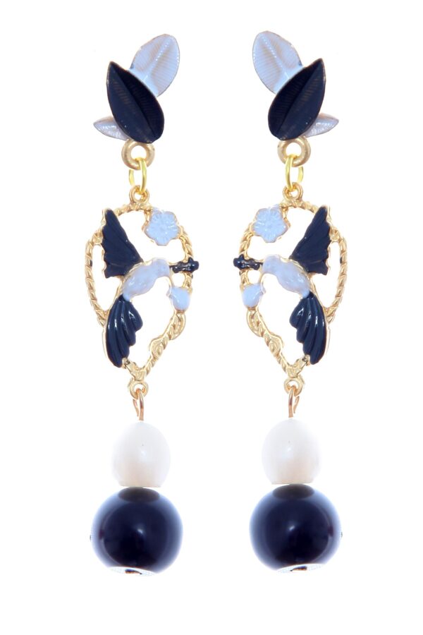 Pendientes de pájaros esmaltados en negro y blanco