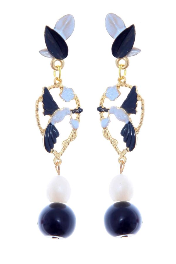 Pendientes de pájaros esmaltados en negro y blanco