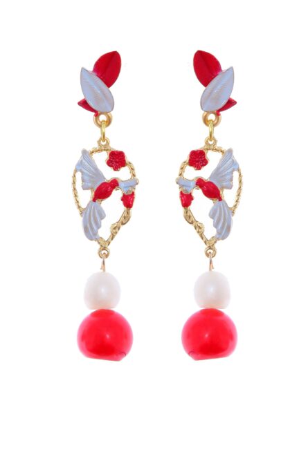 Pendientes de pájaros esmaltados en rojo y blanco - Imagen 3