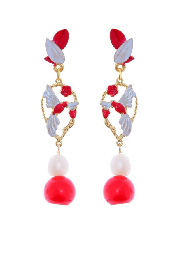 Pendientes de pájaros esmaltados en rojo y blanco