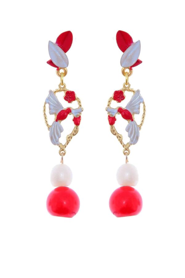 Pendientes de pájaros esmaltados en rojo y blanco