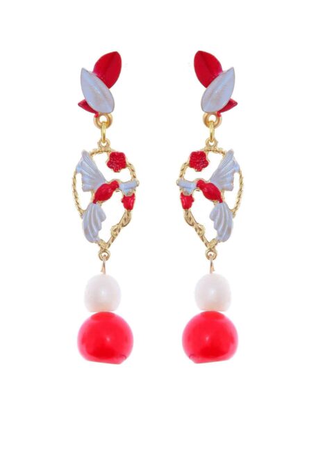 Pendientes de pájaros esmaltados en rojo y blanco - Imagen 2