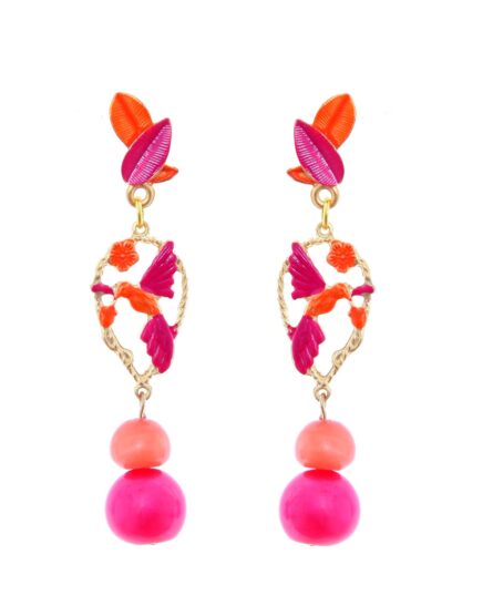 Pendientes de pájaros esmaltados en rosa y naranja - Imagen 1