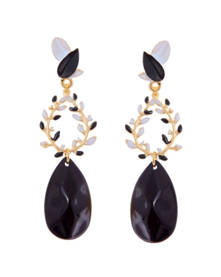 Pendientes de corona de hojas esmaltado en blanco y negro - Imagen 1