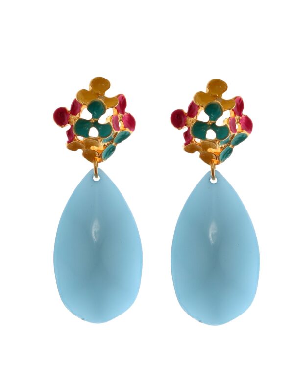 Pendientes de flores esmaltado en Aguamarina, Amarillo y Rosa
