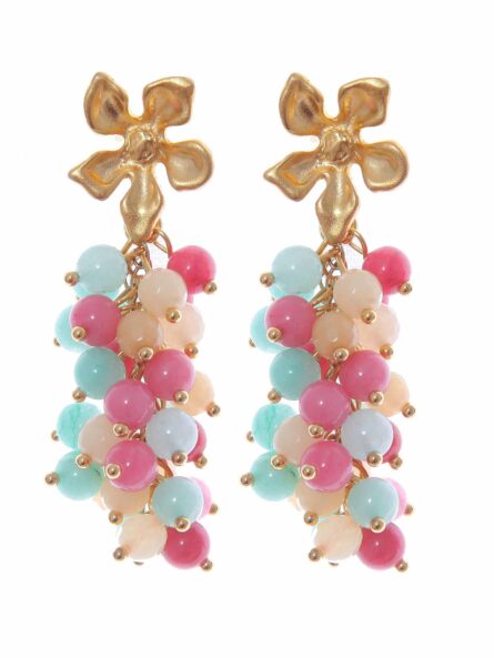 Pendientes de bolas de piedras Ágata en tonos rosas con cabezal de flor - Imagen 1