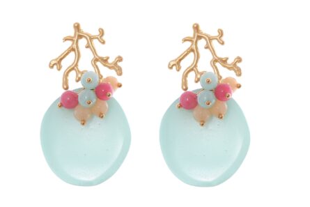 Pendientes verdes jabonoso con bolas de piedra Ágata en tonos multicolor y cabezal de coral - Imagen 5