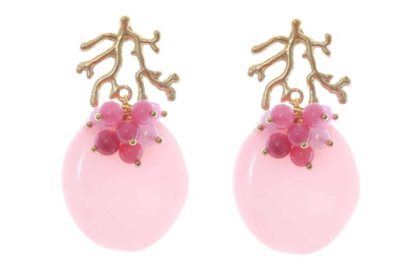 Pendientes rosa con bolas de piedra Ágata en tonos del mismo color y cabezal de coral