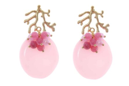 Pendientes rosa con bolas de piedra Ágata en tonos del mismo color y cabezal de coral - Imagen 3