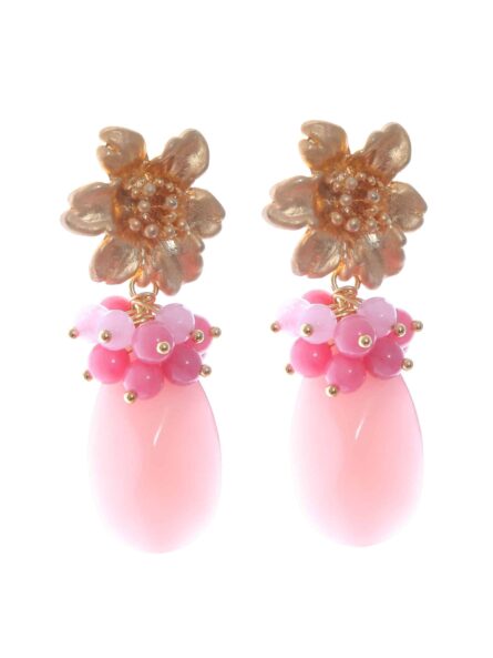 Pendientes rosas con cabezal de flor y bolas de piedra Ágata en tonos del mismo color - Imagen 1