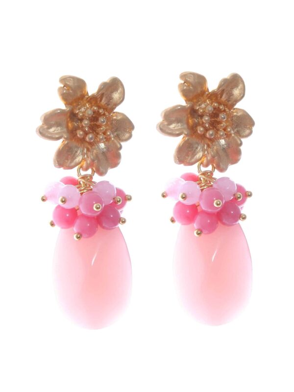 Pendientes rosas con cabezal de flor y bolas de piedra Ágata en tonos del mismo color