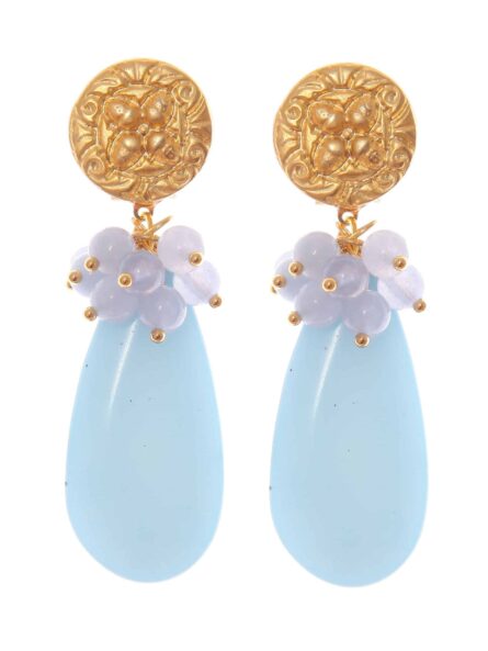 Pendientes de lágrima azules con bolas de piedra Ágata en tonos del mismo color y cabezal de moneda - Imagen 1