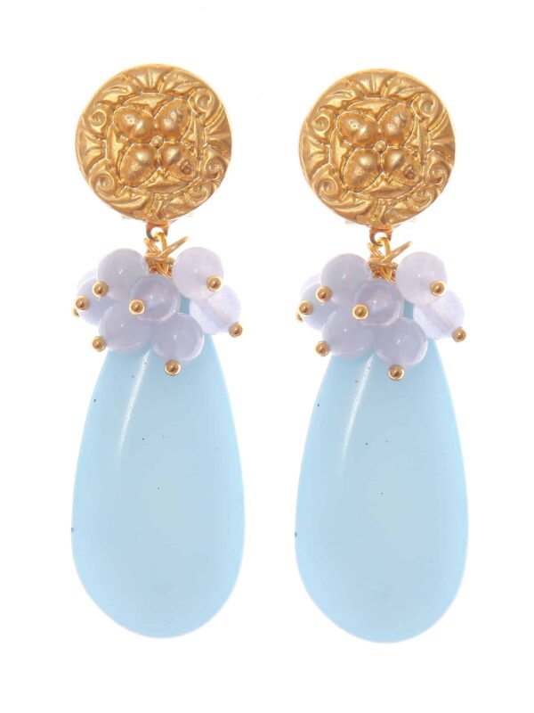 Pendientes de lágrima azules con bolas de piedra Ágata en tonos del mismo color y cabezal de moneda