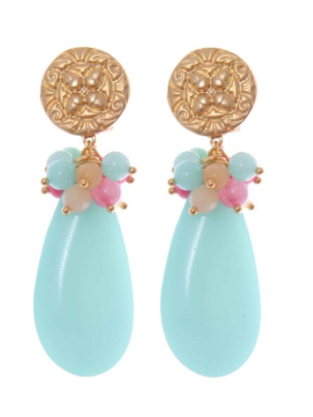 Pendientes de lágrima verdes jabonosos con bolas de piedra Ágata en tonos multicolor y cabezal de moneda - Imagen 1