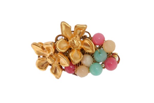Broche de dos flores con bolas de piedra Ágata en verde jabonoso, beige y rosa