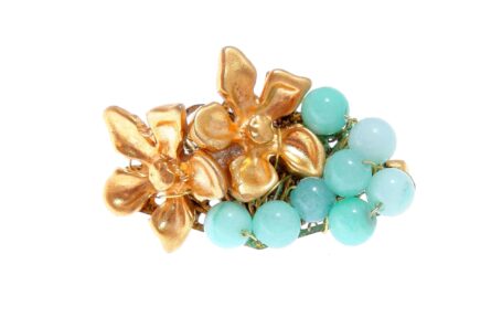 Broche de dos flores con bolas de piedra Ágata en verde jabonoso - Imagen 1