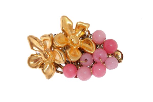 Broche de dos flores con bolas de piedra Ágata en rosa