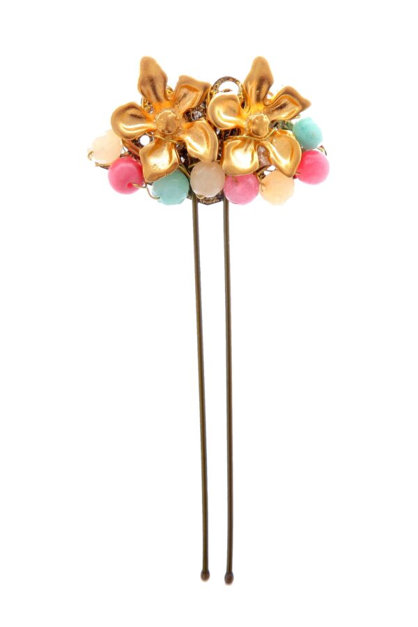 Horquilla dorada con dos flores y bolas de piedra Ágata en rosa, verde jabonoso y beige