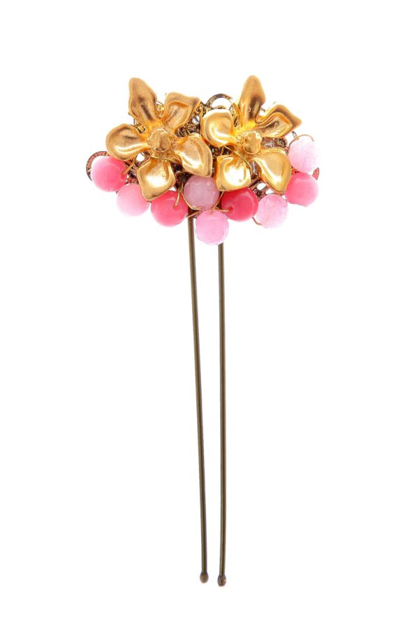 Horquilla dorada con dos flores y bolas de piedra Ágata en tonos rosas