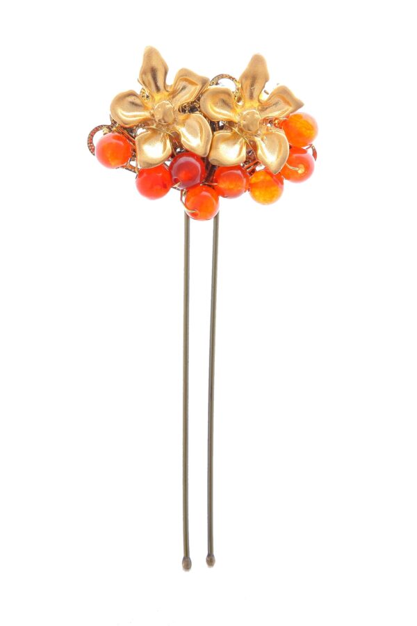 Horquilla dorada con dos flores y bolas de piedra Ágata en coral