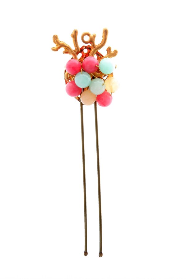 Horquilla de coral con bolas de piedra Ágata en tonos rosa, beige y verde jabonoso