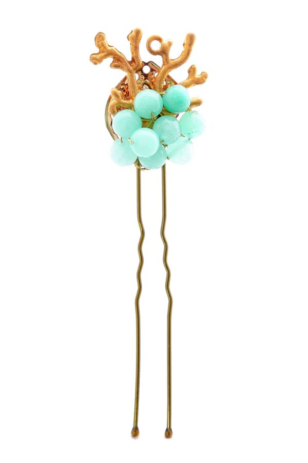 Horquilla de coral con bolas de piedra Ágata en tonos verde jabonoso
