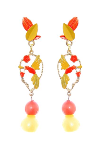 Pendientes de pájaros esmaltados en Naranja y Amarillo - Imagen 1