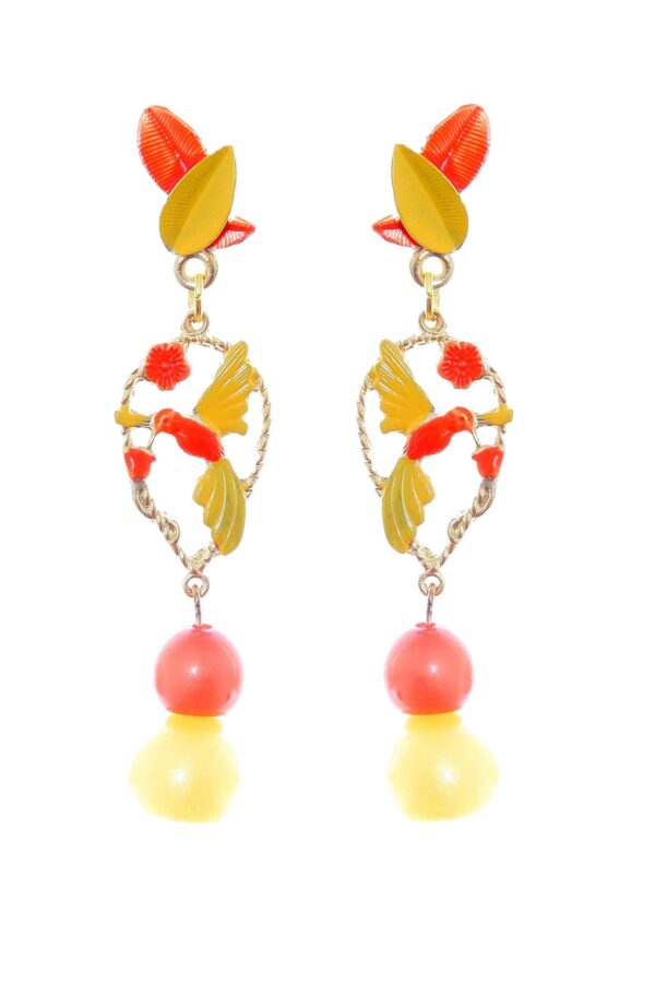 Pendientes de pájaros esmaltados en Naranja y Amarillo