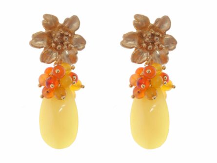 Pendientes amarillos con cabezal de flor y bolas de piedra Ágata - Imagen 1
