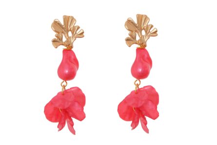 Pendientes de pétalos y piedras nácar en color coral con cabezal de hojas - Imagen 1