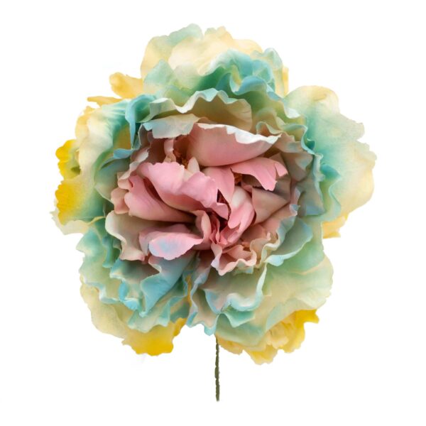 Flor de flamenca estilo peonia multicolor amarillo, verde y rosa