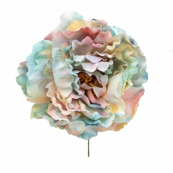 Flor de flamenca estilo peonia multicolor rosa, azul y verde.