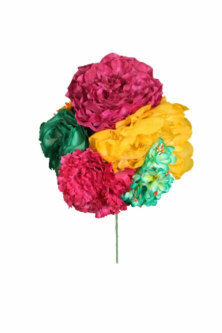 Ramillete tiara de flamenca multicolor en tonos buganvillas, verdes y amarillos. - Imagen 1