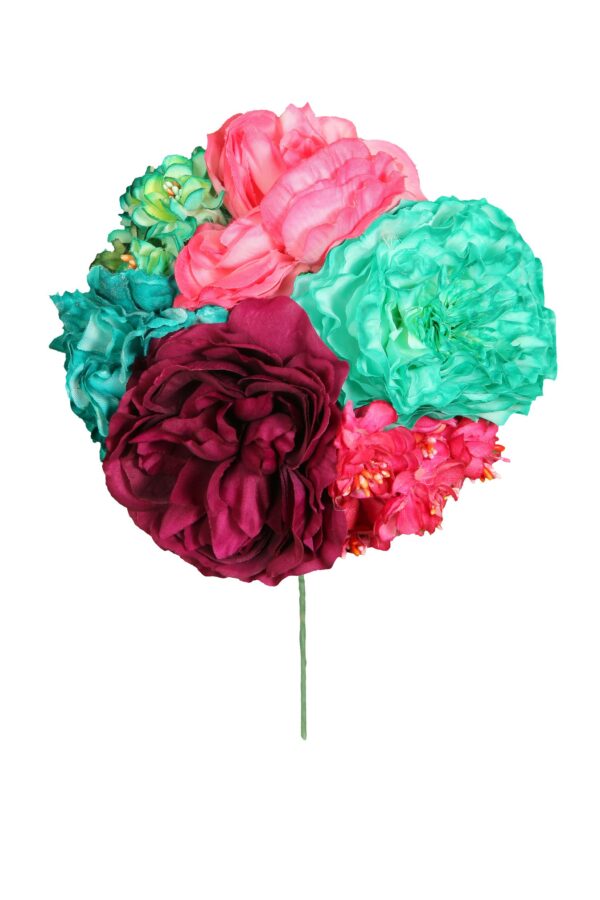 Ramillete tiara de flamenca multicolor en tonos rosa y aguamarina