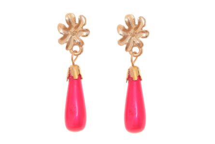 Pendiente lágrima rosa frambuesa con cabezal de flor pequeña - Imagen 1