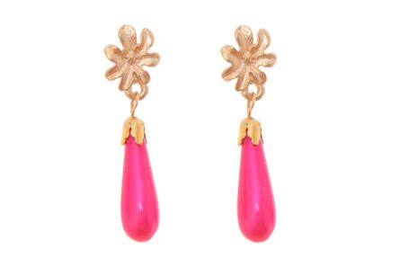 Pendiente lágrima rosa fucsia con cabezal de flor pequeña - Imagen 1