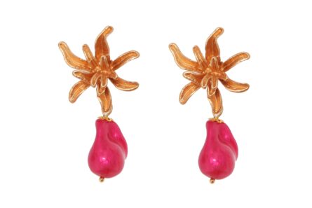 Pendiente de piedras nácar rosa fucsia con cabezal flor - Imagen 1