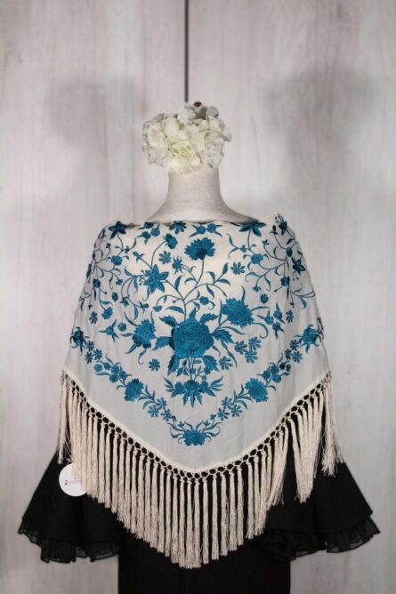Mantón marfil bordado en turquesa - Imagen 1