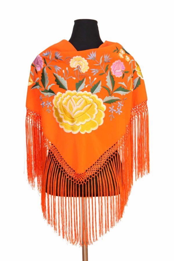 Mantón naranja bordado en multicolor