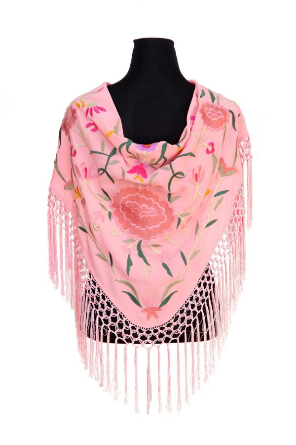 Mantón rosa bebé bordado en multicolor