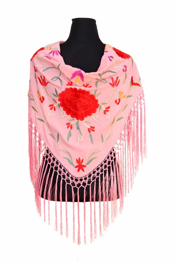 Mantón rosa bebé bordado en multicolor