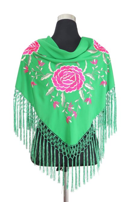 Mantón verde Andalucía bordado en tonos fucsia y verde - Imagen 3